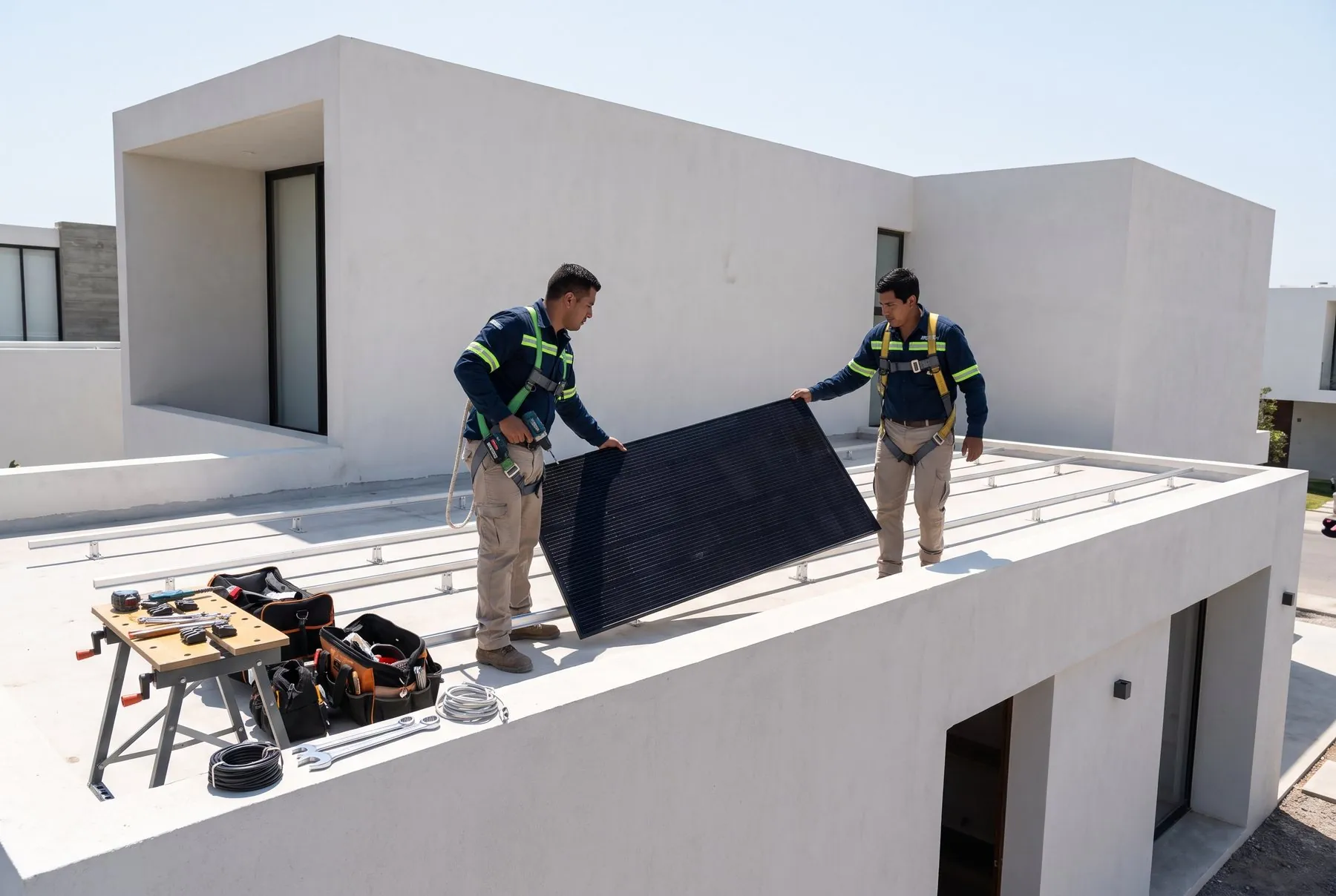T&eacute;cnicos de Greenlight instalando paneles solares en un techo en Dajab&oacute;n